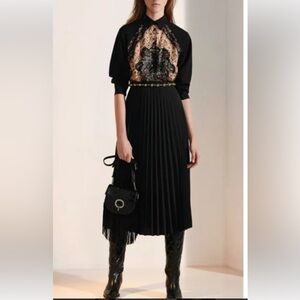 🖤⭐️ Sandro Stenia Pleated & Printed Mixed Media Dress 36 US 2/4